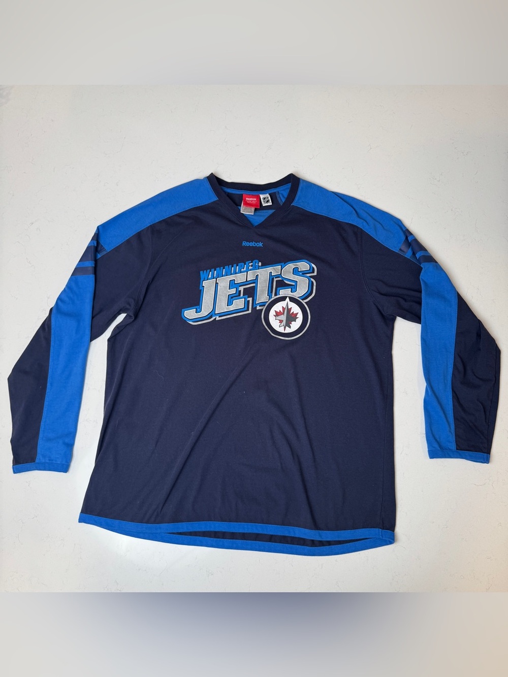 Reebok Winnipeg Jets Navy and Royal Blue Long-Sleeve Fan Jersey